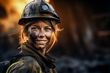Wall Mural - Portrait of a young woman miner in protective clothing on the background of a coal mine