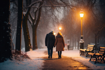 Couple walking in the winter park. Man and woman walking in the park at night.