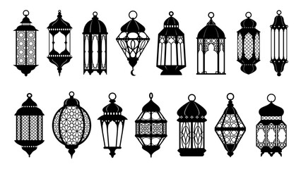 Arab Islamic lantern lamp silhouettes for Ramadan or Eid Mubarak holiday, vector decorations. Islam or Muslim ornament lamp lanterns with pattern of stars, crescent moon for Ramadan Kareem greeting