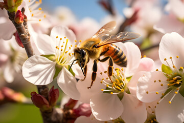 Bee on a flower of a cherry tree in spring. Pollination of flowers.