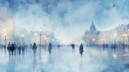 Wall Mural - watercolor urban style crowd of people blurred background in gray and light blue November, December seasonal poster