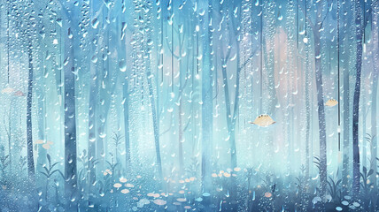 Wall Mural - raindrops on the window pane tropical rain in the jungle, watercolor drawing background light white and green