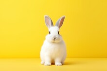 Cute White Rabbit On Yellow Background With Copy Space For Text