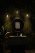 3D rendering of elegant bathroom with oval mirror and light bulbs