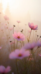 Wall Mural - vertical background delicate pink flowers, wild field daisies in the morning mist, spring landscape view