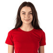 © TimeaPeter - Brunette woman wearing simple red t-shirt. Clothing mockup cutout, isolated on transparent background, no background.