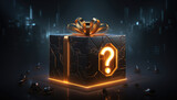 Fototapeta  - Mysterious gift box with question marks and golden bow on dark background with bokeh lights.