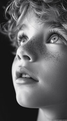  Tender Reflections: Closeup Black and White Portrait of Little Boy with Expressive Freckled Face - Emotional Authenticity