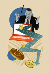 Wall Mural - Creative placard collage of crazy successful business man working using netbook transfer emoney crypto bitcoin isolated on beige background