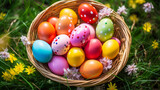 Fototapeta Tulipany - Wicker basket of Easter eggs painted in bright colors in a meadow