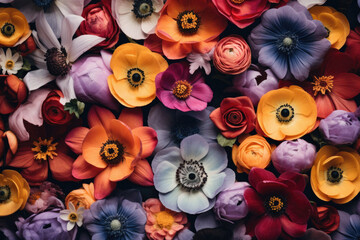  Colorful artificial flowers as background, top view. Floral background.