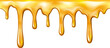 Sweet sticky honey dripping and melting, isolated amber essence or fluid drops. Vector maple syrup or caramel topping flowing with droplets, oily substance