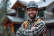 © Masson - smiling roofer stands on foreground, house with new roof on background in bokeh
