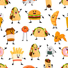 Cartoon Cheerful Takeaway Fast Food Characters Seamless Pattern. Vector Background With Coffee Cup, Quesadilla, French Fries And Chicken Wing. Donut, Onigiri, Burrito Or Burger, Croissant And Lollipop