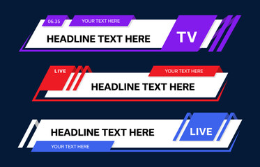 Wall Mural - Color world news bars and lower third TV headers or headline title banners for screen, vector templates. News bard for live broadcast, video channel text and name frames or lower third TV headers