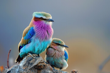 Wall Mural - a lilac-breasted roller with her cub, mother loves and cares in wildlife scene