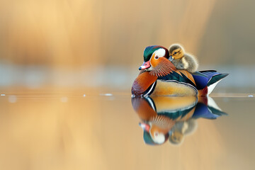 a mandarin duck with her cub, mother love and care in wildlife scene