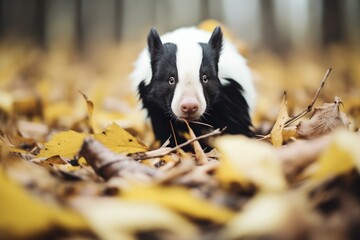 Wall Mural - skunk searching through autumn leaves