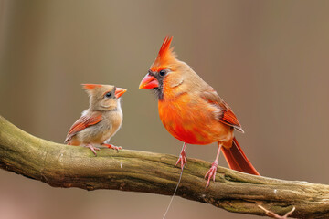 Wall Mural - a northern cardinal with her cub, mother love and care in wildlife scene