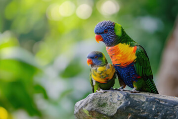 Wall Mural - a rainbow lorikeet with her cub, mother love and care in wildlife scene