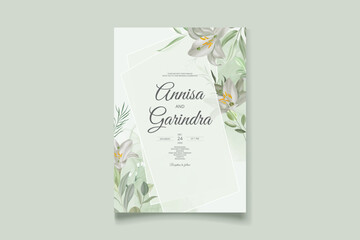 Wall Mural - white flower and leaves  wedding invitation template set with watercolour background   Premium Vector