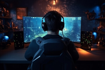 Generative ai back view photo image of guy sitting at home playing online game