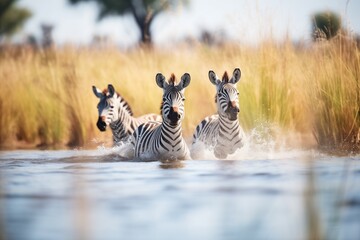 Wall Mural - zebras splashing in a waterhole surrounded by grass