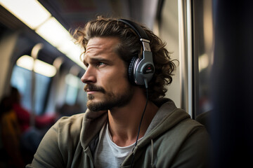 Dreamy relaxed man in headphones listening to music songs relaxing in train generative ai