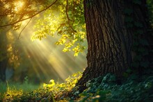 Enchanted Woodlands. Stunning Forest Landscape Bathed In Warmth Of Morning Sunlight Featuring Green Foliage Mist And Magical Atmosphere Perfect For Capturing Beauty Of Nature