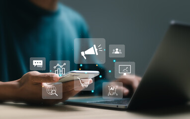 Wall Mural - digital marketing concept, businessman use mobile smart phone with virtual screen of online advertis