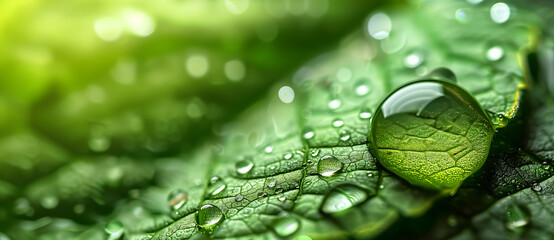 Macro Close-up: Raindrops Glistening on Green Leaf in Morning Sunlight. Beautiful leaf texture in nature. Natural background.