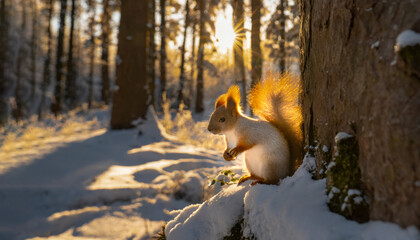 Wall Mural - red squirrel in snowy winter forest, backlight, generative ai