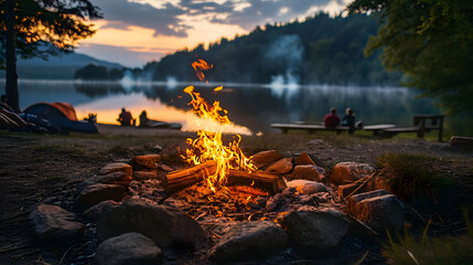 campfire in the forest near the lake