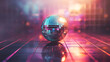Neon glow on mirror ball, retro vibe meets modern party. Disco sphere on vibrant grid, night club nostalgia. Glowing disco ball in neon, dance floor's radiant star