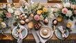 Elevate Your Easter Celebration: A Stylish Brunch Table adorned with Eggs, Flowers, Bunnies, and Pastel Tableware