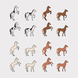 Fototapeta Konie - Cartoon happy horse - seamless trendy pattern with animal in various poses. Different breed of horse. Contour vector illustration for prints, clothing, packaging and postcards.