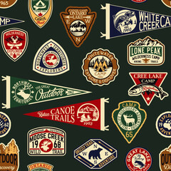 canadian outdoor discovery adventure camping patch and pennant flag patchwork vintage vector seamles