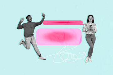 Wall Mural - Creative abstract template collage of funny young friends couple chatting pink speech bubble bizarre unusual fantasy billboard comics