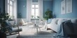bright blue and white scandinavian living room interior in the sunny day, Cinematic, Photoshoot, Shot on 65mm lens, Shutter Speed 1 4000, F 1.8 White Balance, 32k, Super-Resolution, Pro Photo RGB, Hal