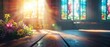 Bright Church Setting with Stained Glass for Easter Theme

