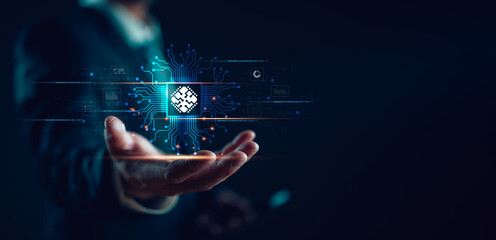 Aufkleber - Businessman showing electronic circuit board chip, world of cutting edge technology innovation, progress, advanced technology of the future, modern, Ai tech. Innovation future. Artificial intelligence