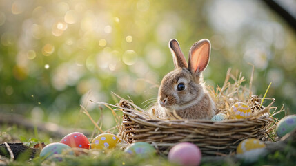Wall Mural - A sweet baby Easter bunny peeking out of a basket surrounded by colorful Easter eggs on a vibrant spring meadow, capturing the essence of Easter and the renewal of spring