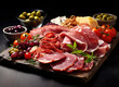 Appetizers table with differents antipasti, charcuterie, snacks