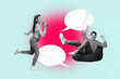 Creative collage of two excited black white colors people sit bean bag raise fists dance sing smart phone listen music earphones dialogue bubble