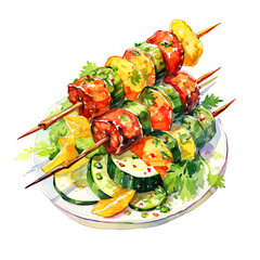 Wall Mural - Watercolor Healthy Kebab with Stick isolated on White Background