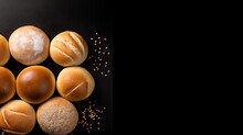 Bread Buns And Bread Rolls On Black Background, On Dark Black Background And Top View