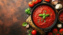 Classic Homemade Italian Tomato Sauce With Basil For Pasta And Pizza In The Pan On A Wooden Chopping Board On Brown Background, Top View.