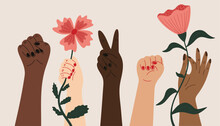 International Women's Day March 8 Vector Illustration With Cartoon Hand Gestures, Signs, Peace Symbol, Feminist, Women's Rights, Bouquet Of Flowers, Girls Power, Diversity, Different Races