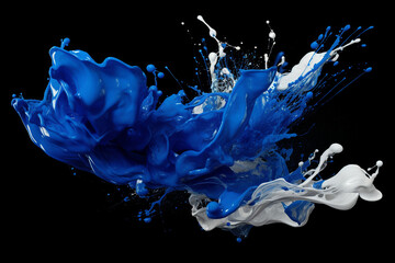 Splash of blue and white paint on black background