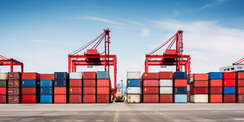 Poster - Symmetrical view of cargo containers and cranes at commercial port